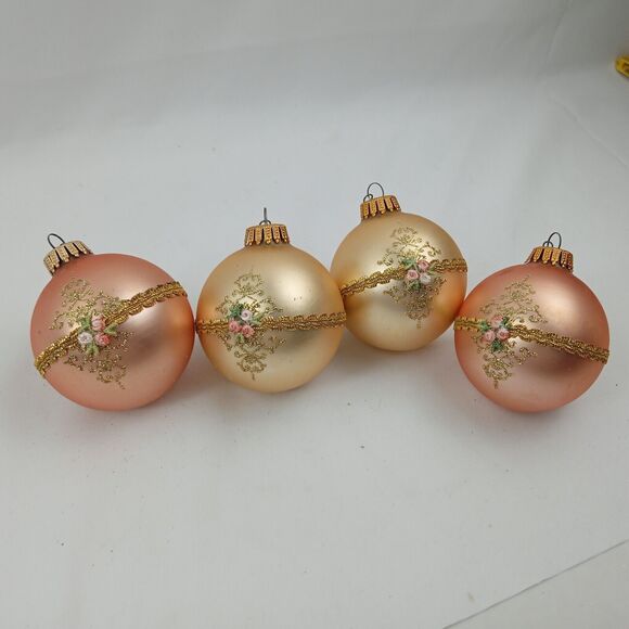 3 Box Vintage Glass Christmas Bell Round Ornaments Krebs Pink Gold Floral Ribbon - Picture 9 of 16